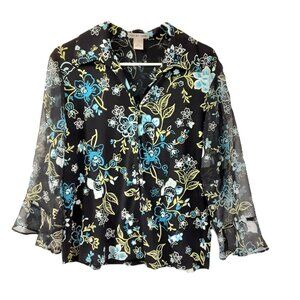 Notations Womans Button up Top Size XL Sheer Long Sleeves Floral Fairy Whimsical